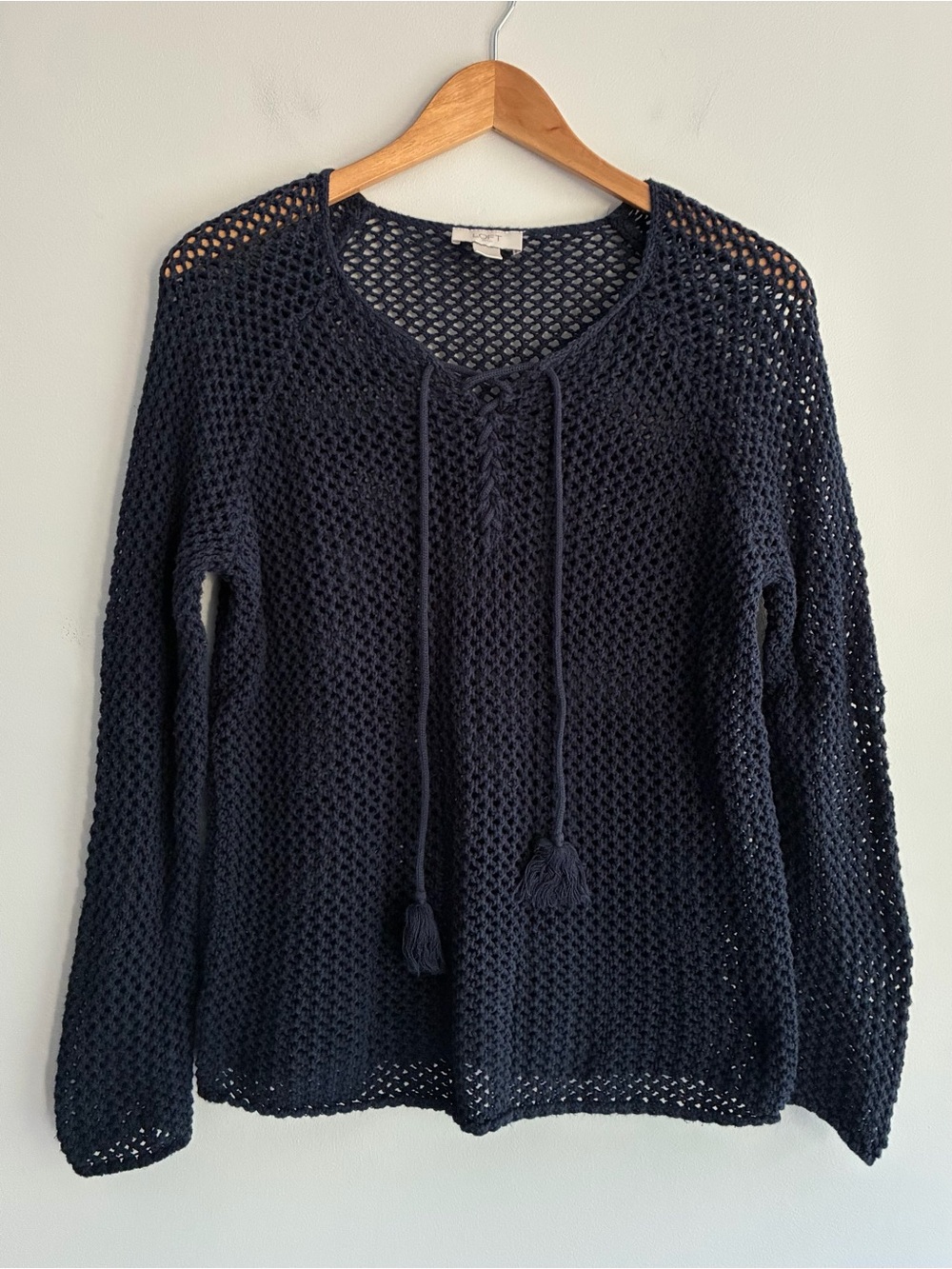 Loft Navy Crochet Lace Up Tassel Tie Sweater Medium